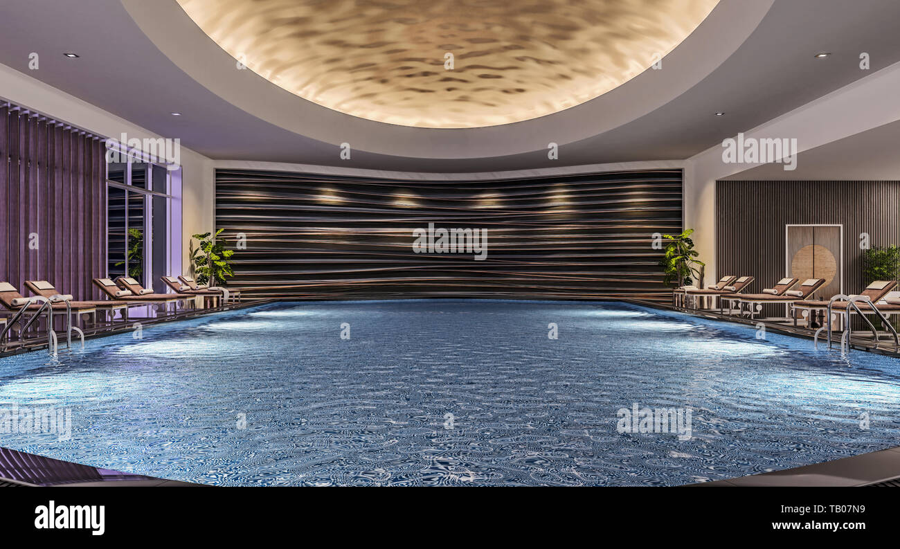 Design moderno degli interni della piscina al coperto con piscina con lettini, scena notturna, hotel resort, spa, alto contrasto, scuro, 3d'illustrazione, rendering 3D Foto Stock