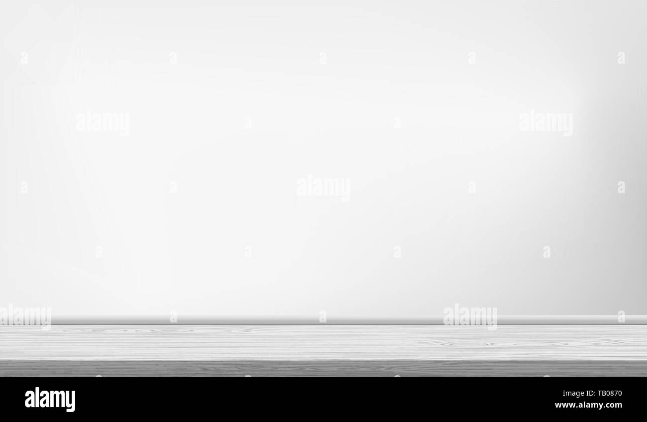 Vuoto bianco pavimento in legno, il ripiano surfece accanto alla parete bianca. Illustrazione Vettoriale Illustrazione Vettoriale