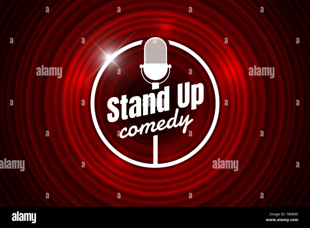 Stand up comedy night live show open mic sul teatro vuoto stadio. Microfono Vintage contro la tenda rossa sullo sfondo. Vettore retrò arte illustrazione dell'immagine. Illustrazione Vettoriale
