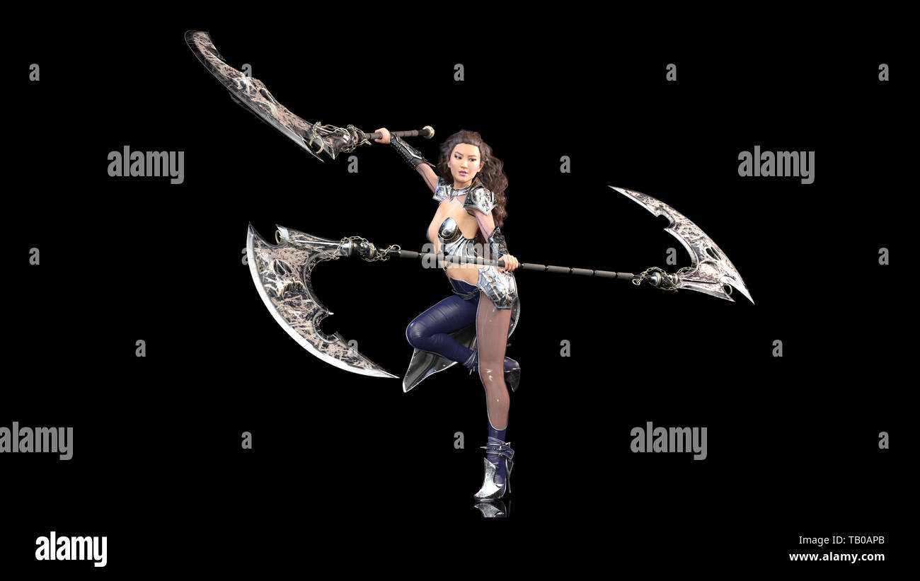 Antica warrior princess, femmina fantasy fighter in battaglia armor dimaneggio falce medievale lame, isolati su nero, rendering 3D Foto Stock