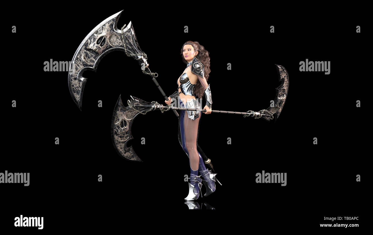 Antica warrior princess, femmina fantasy fighter in battaglia armor holding falce medievale lame, sfondo nero, rendering 3D Foto Stock