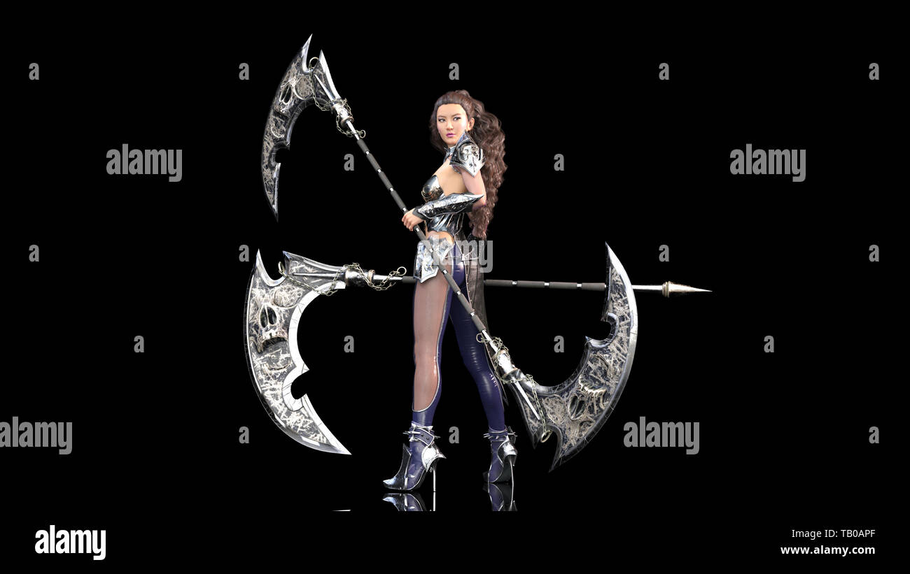 Antica warrior princess, femmina fantasy fighter in battaglia armor holding falce medievale lame, isolati su nero, rendering 3D Foto Stock