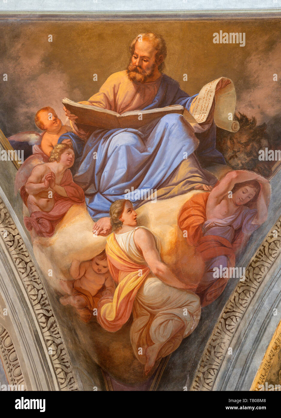COMO, Italia - 8 Maggio 2015: l'affresco di San Marco Evangelista nella Chiesa Basilica di San Fedele di Giovanni Valtorta (1846). Foto Stock