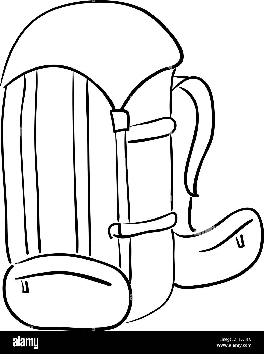 Zaino sportivo. Nera borsa sportiva, vettore deportes cordoncino zaino, scarpe bagful per la scuola di indumento isolato bagagli. sketch stile. Campeggio Illustrazione Vettoriale