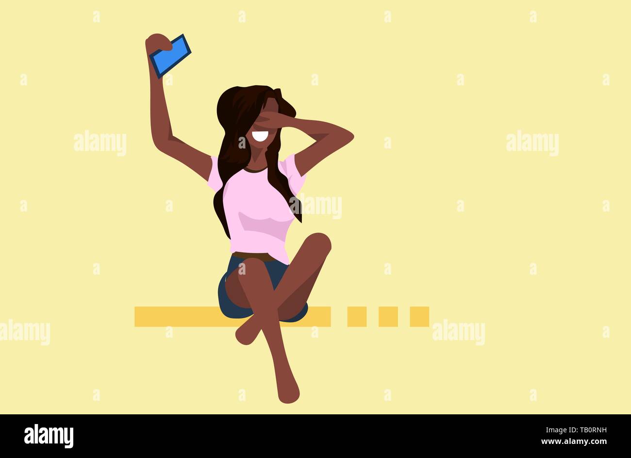 Donna prendendo selfie foto sulla fotocamera dello smartphone casual americano africano femmina personaggio dei cartoni animati seduta con occhio chiuso ragazza in posa piatto di lunghezza completa Illustrazione Vettoriale