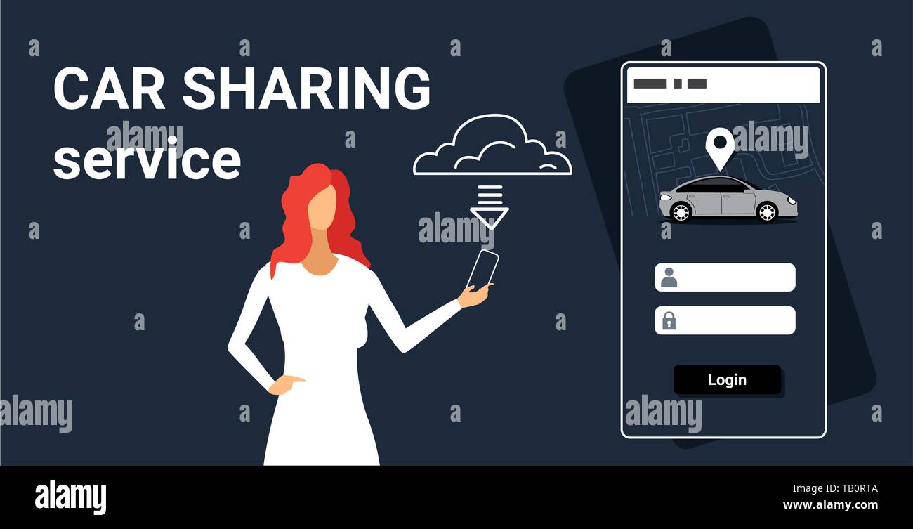 Donna scaricare online mobile app rent car sharing nozione trasporto carsharing servizio applicazione smartphone aggiornamento sistema di disegno orizzontale Illustrazione Vettoriale