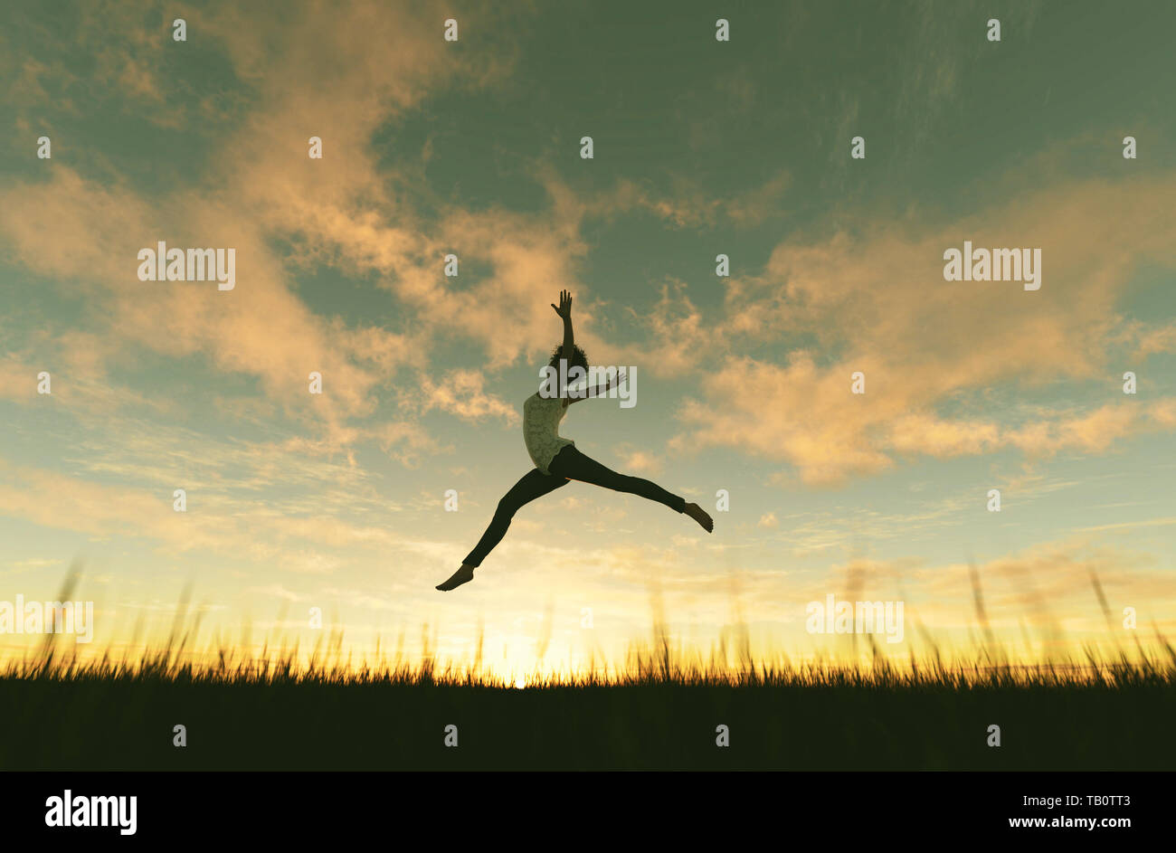 Donna salta al tramonto,3d rendering Foto Stock