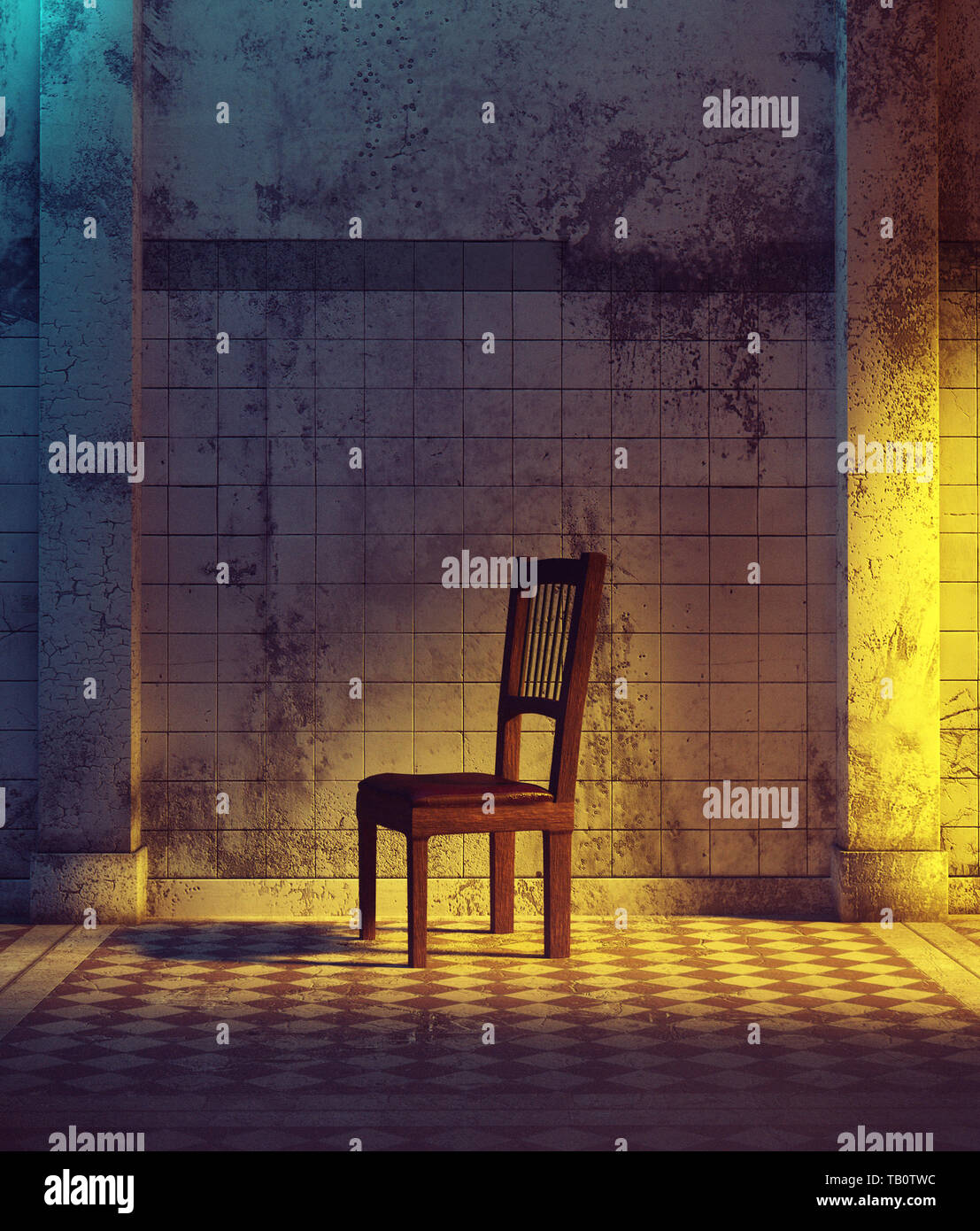 Una vecchia sedia in haunted corridoio,3d illustrazione per la copertina del libro Foto Stock