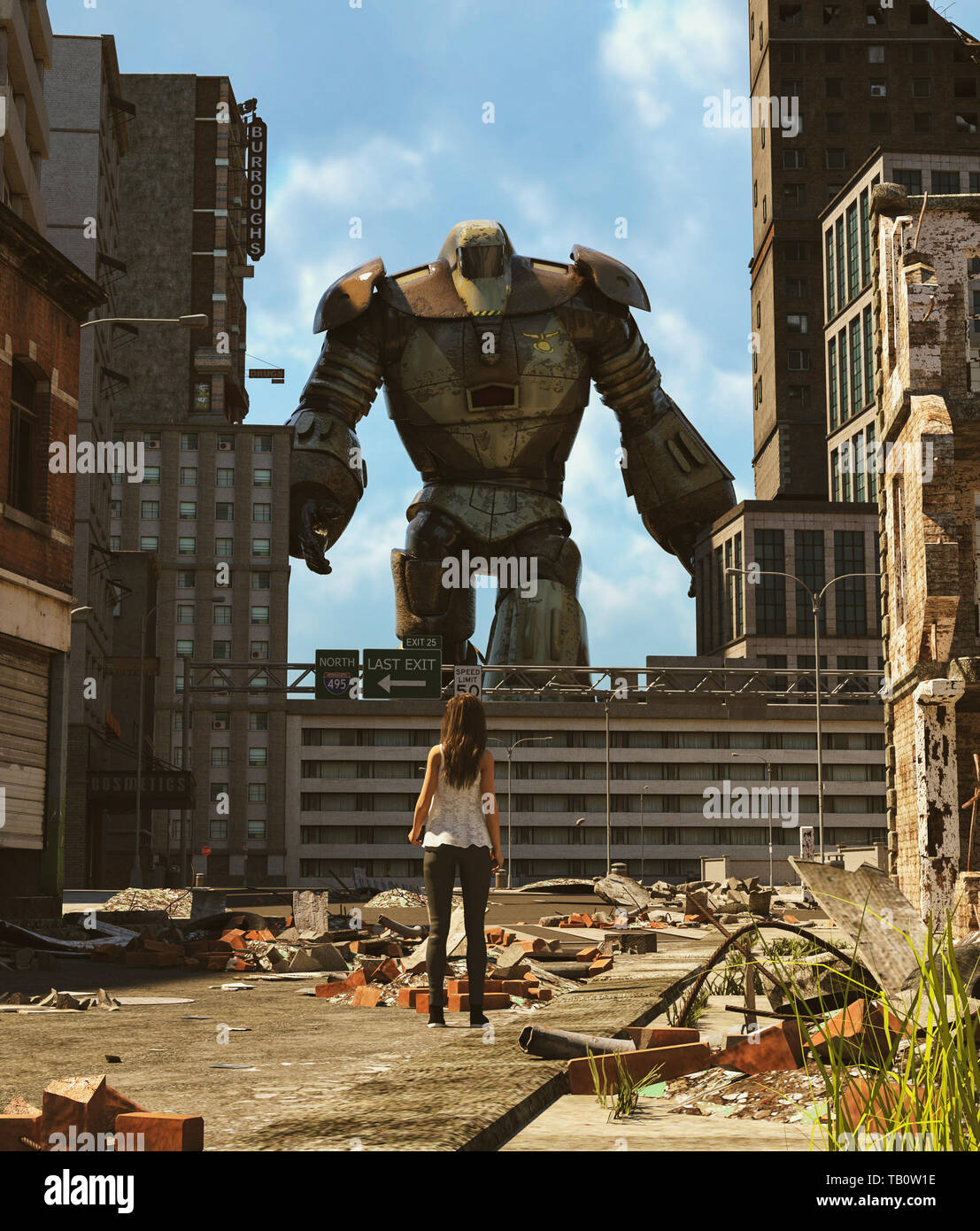 Ragazza guardando un robot in città abbandonate,3d rendering Foto Stock