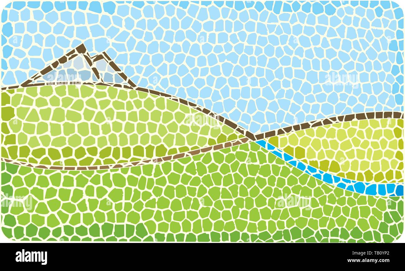 Illustrazione Vettoriale. Icona rotto di una valle verde con il fiume e le montagne. Illustrazione Vettoriale
