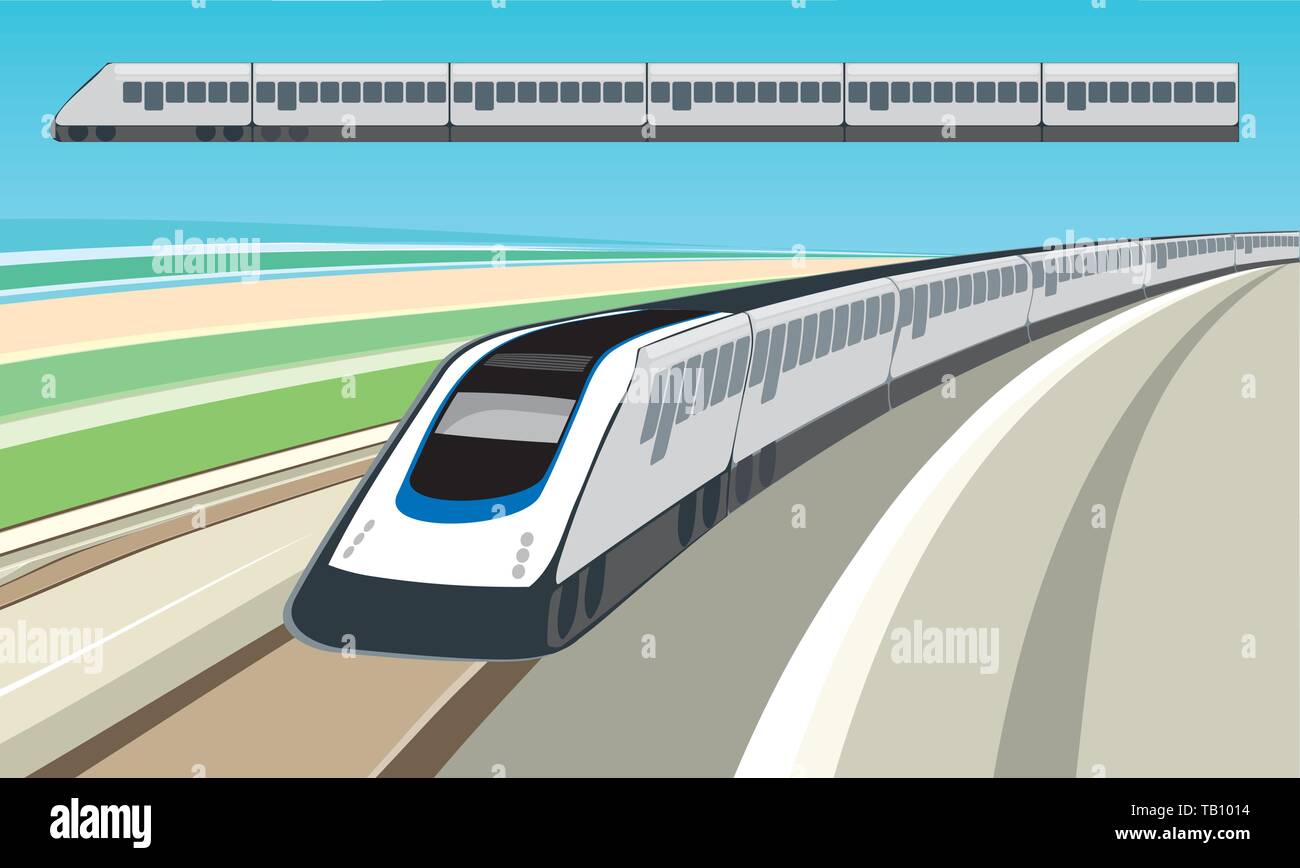 Illustrazione Vettoriale. Piatto e 3D treno su rotaie con velocità dello sfondo. Illustrazione Vettoriale
