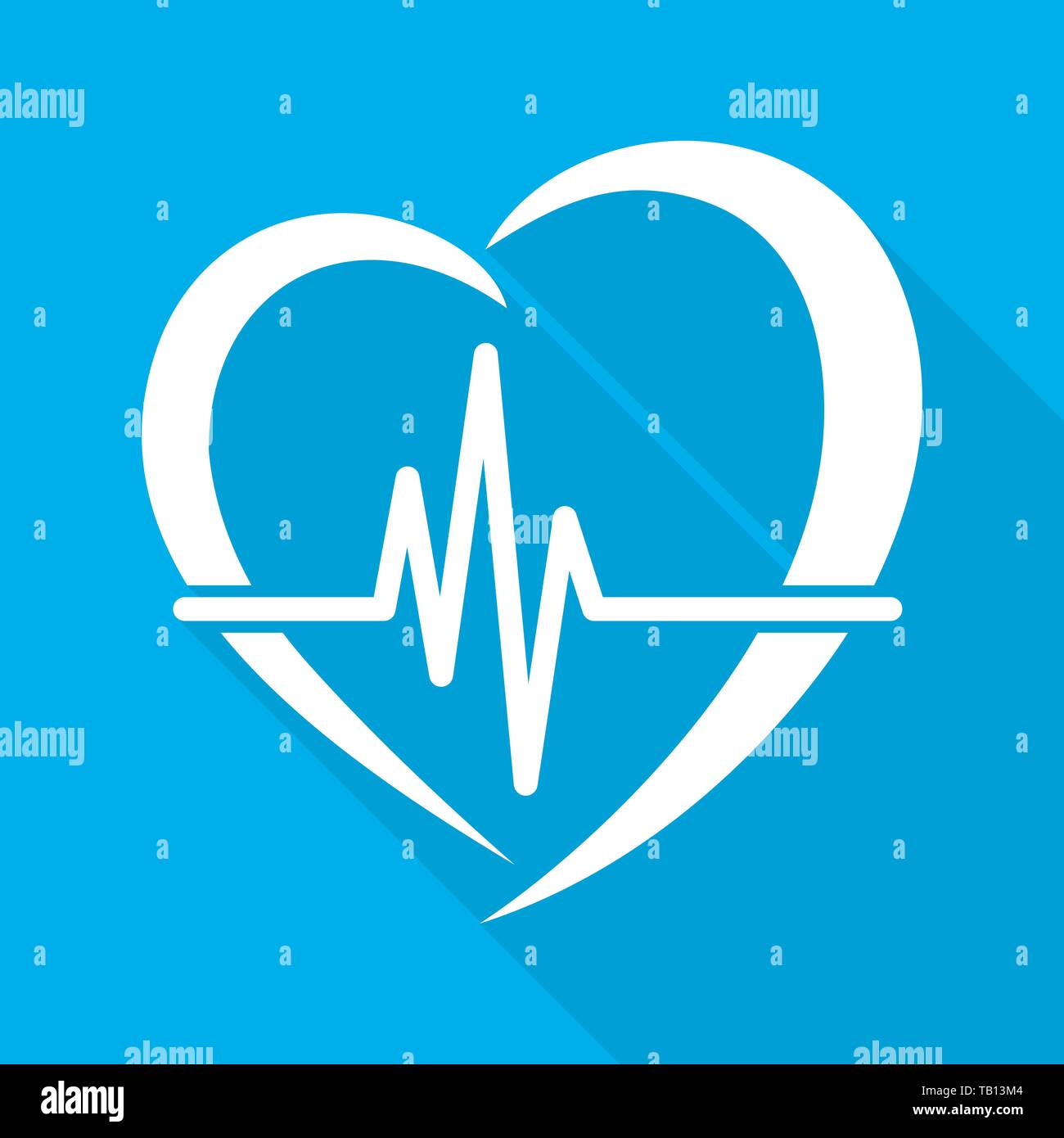 Cuore bianco con linea di heartbeat. Illustrazione Vettoriale. Cuore con lunga ombra su sfondo blu. Illustrazione Vettoriale