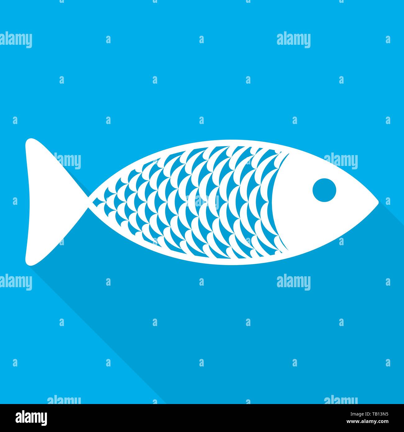 Abstract icona pesce con lunga ombra. Illustrazione Vettoriale. Icona del pesce in stile appartamento, su sfondo blu Illustrazione Vettoriale