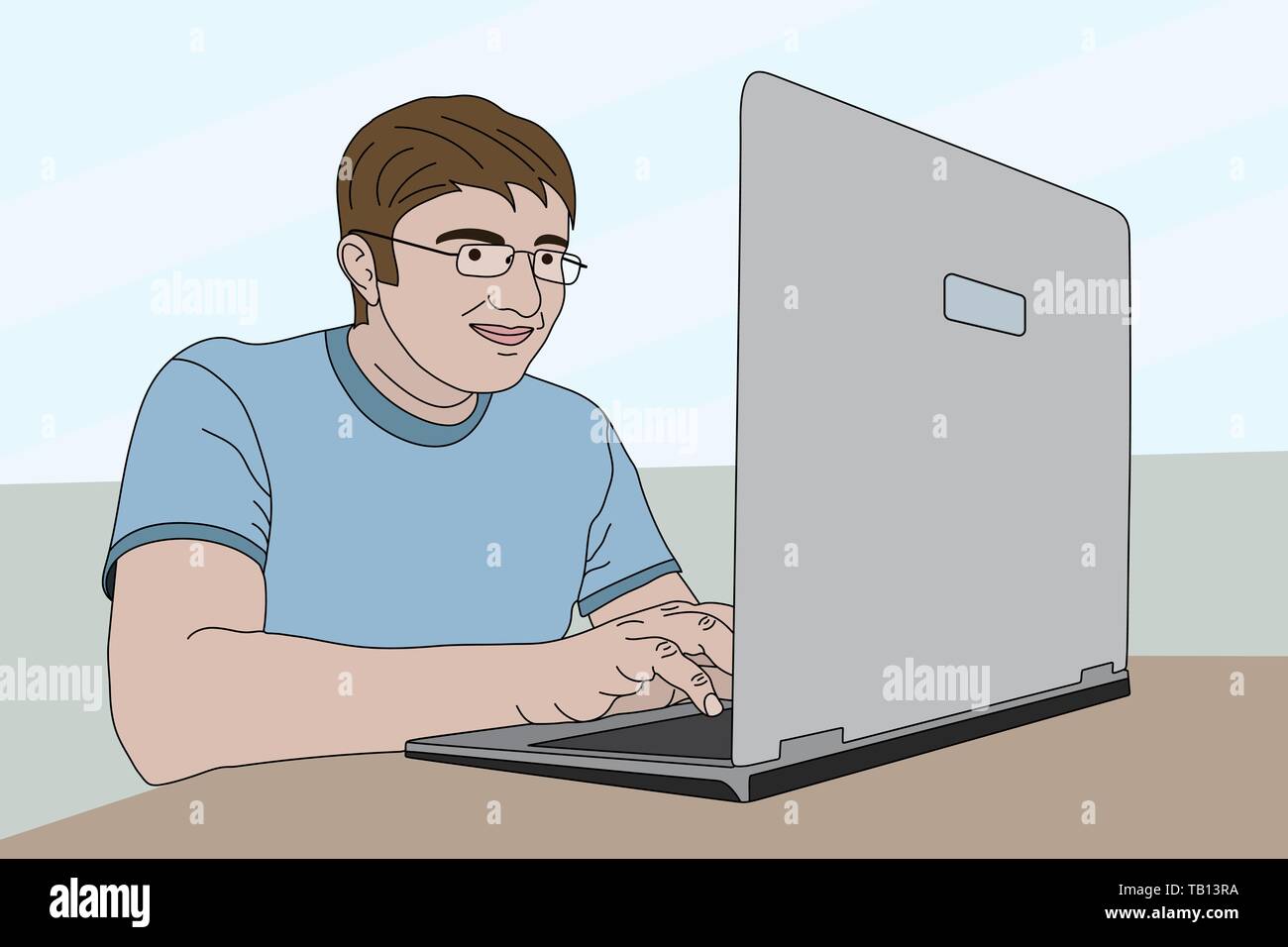 Uomo con notebook in mano stile disegnato. Illustrazione Vettoriale. Uomo che lavora da solo sul computer portatile Illustrazione Vettoriale