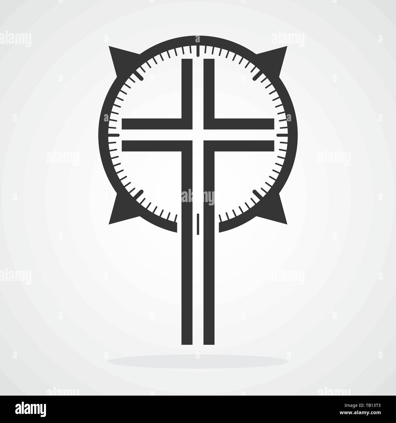 Grigio Croce Cristiana icona con bussola. Illustrazione Vettoriale. Concetto simbolo cristiano nel design piatto. Illustrazione Vettoriale