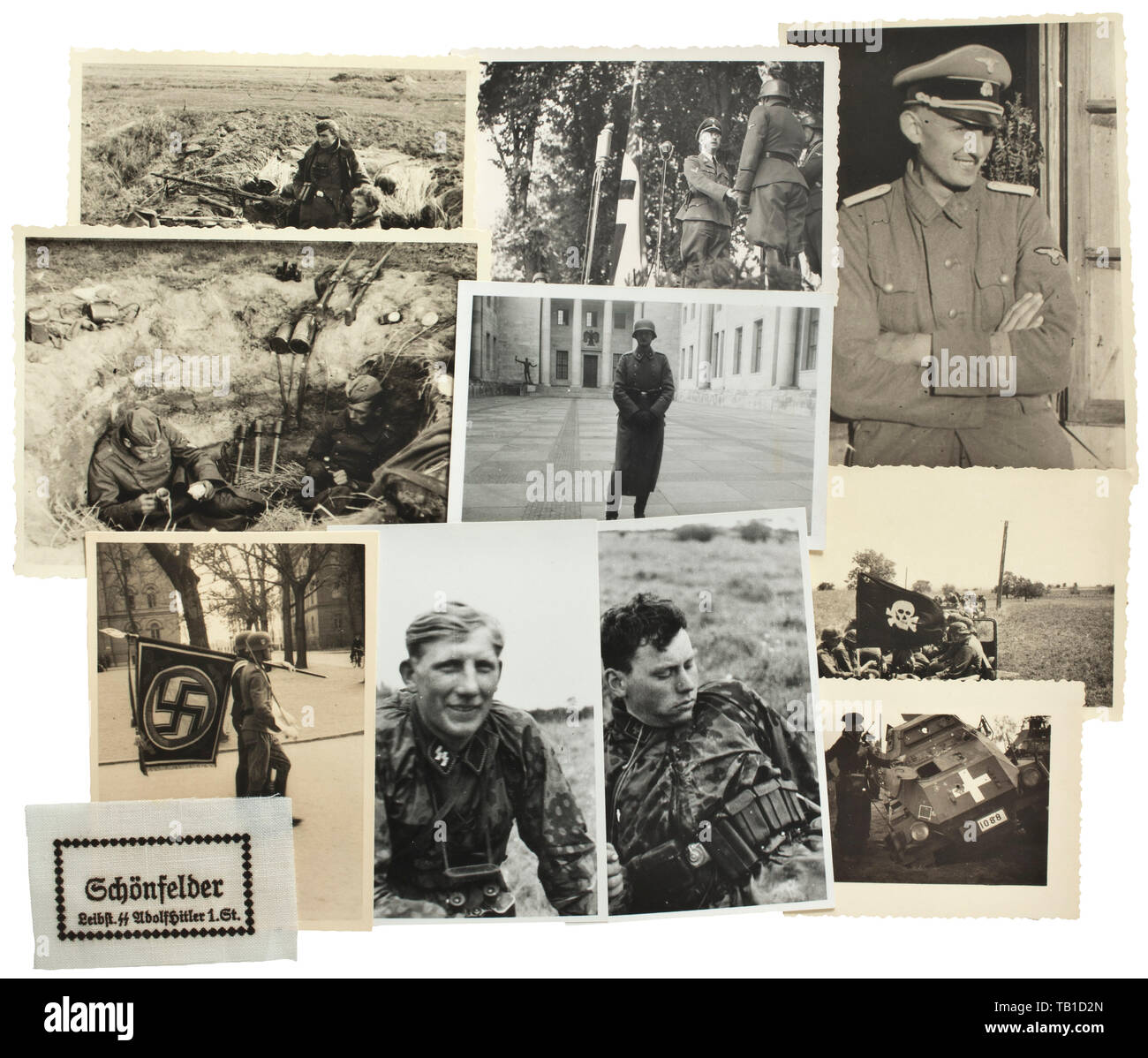 Una grande foto originale raggruppamento di un membro delle SS Reggimento di Fanteria n. 2 in SS Panzergrenadier Division Leibstandarte Adolf Hitler, il circa 550 foto hanno iscrizioni in senso inverso per la maggior parte e sono di dimensioni da 6 x 7 cm a 13 x 18 cm. I soggetti comprendono la formazione in parte presso la Scuola di Junker in Braunschweig, servizio a Berlino tra cui sono rare le immagini direttamente dalla nuova Cancelleria del Reich, e prevalentemente attività in Francia e Russia. Eccellente uniformità di materiali connessi (camo uniformi), trincee, carri armati e veicoli, cerimonie di premiazione, parate. Ritratti con c, Editorial-Use-solo Foto Stock