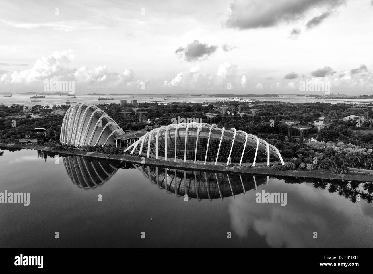 In bianco e nero vista panoramica di giardini dalla baia con acqua la riflessione di tutto il design di architettura, Singapore Foto Stock