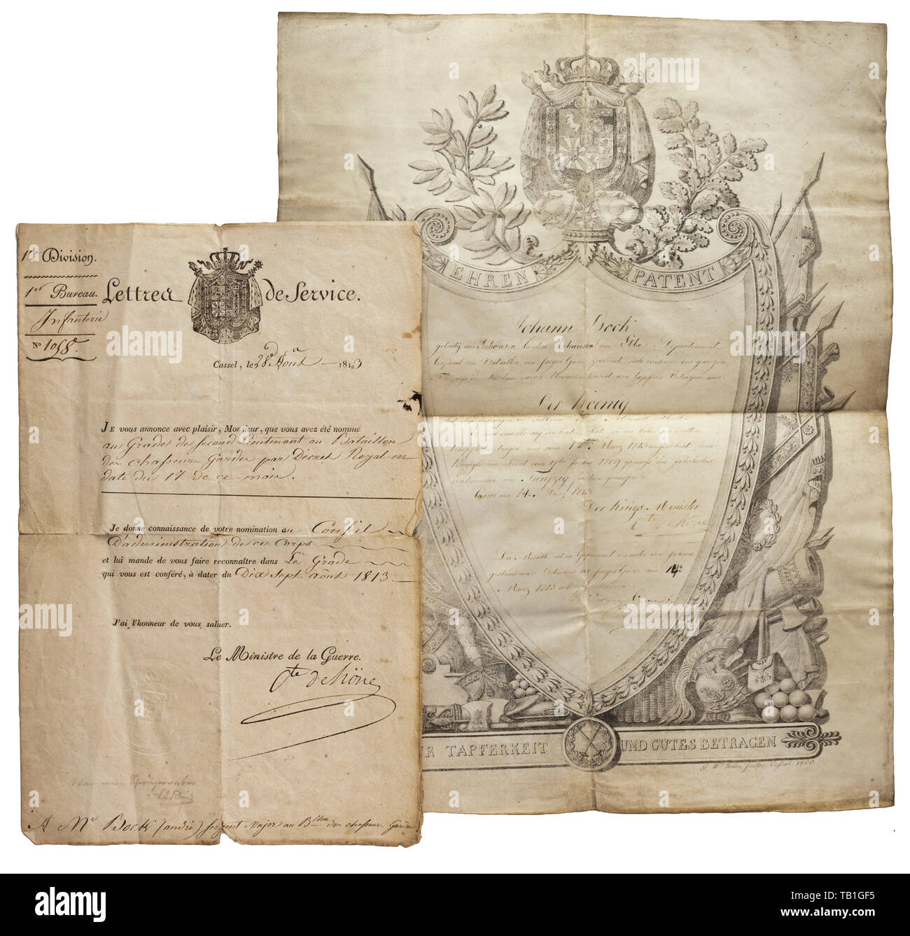 Certificato onorario per valor aggiudicato al caporale Johann Bock 1813, certificato di grandi dimensioni di pergamena, decorata con trofei di guerra e lo stemma del Regno di Westfalia. In corrispondenza del bordo inferiore di una raffigurazione della medaglia al valore sul bandeau (tr) per valor e buona condotta e la firma dell'artista "G.W. Weisehauß : Caßel 1809". Il documento è stato rilasciato il 14 marzo 1813 a 'Caporale nel battaglione della guardia Jäger Johann Bock da Seehausen, Canton Seehausen nel dipartimento dell'Elba' per la sua eccellente e coraggiosa condotta 'durante l'en, Additional-Rights-Clearance-Info-Not-Available Foto Stock