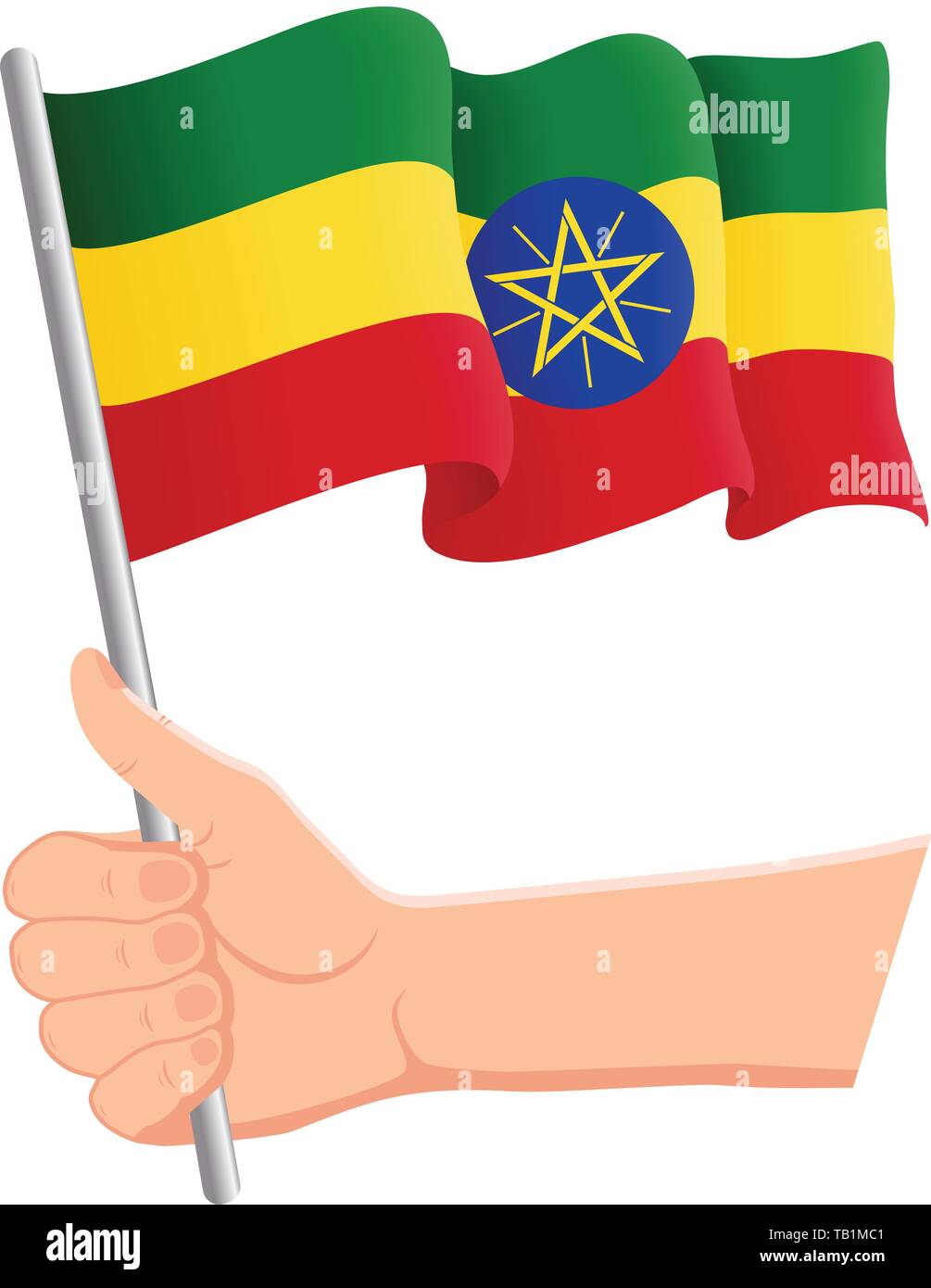 Tenere la mano e sventolare la bandiera nazionale dell'Etiopia. Tifosi, giorno dell'indipendenza, concetto patriottico. Illustrazione vettoriale Illustrazione Vettoriale