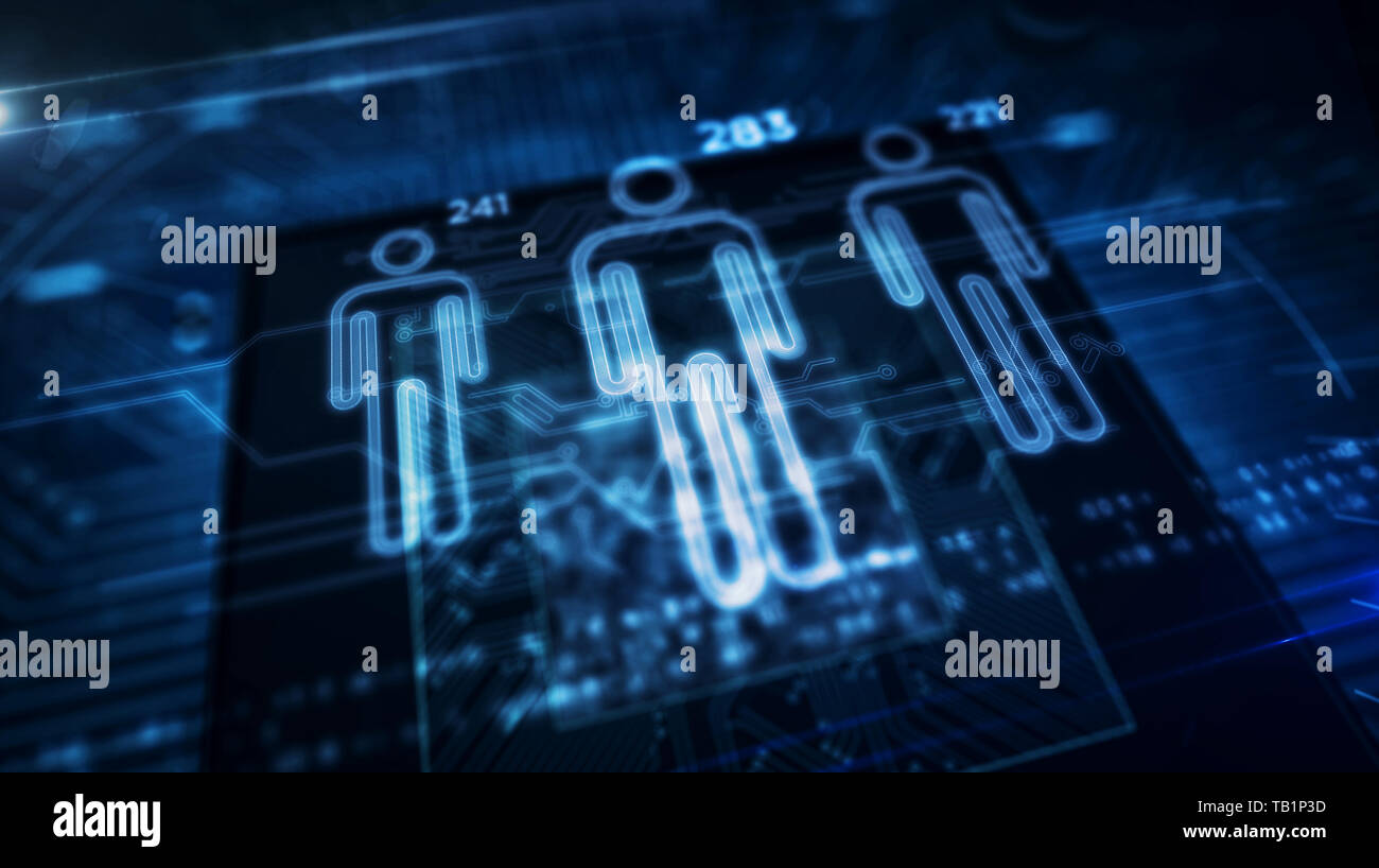 Sociale il concetto di punteggio con persone simboli ologramma sulla CPU in background. Concept futuristico di cittadini di profilazione e analisi mediante intel artificiale Foto Stock