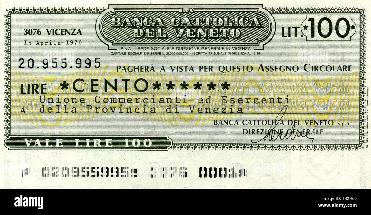 Miniassegni, Italiano bonifico bancario, vaglia postale con un valore basso, Banca Cattolica del Veneto, Vincenza, Miniassegno, Italienische Bankanweisung, Geldanweisung oder Kleinscheck mit niedrigen Werten, eine arte Notgeld aus Papier, 100 Lire, 1976, Italien, Europa Foto Stock