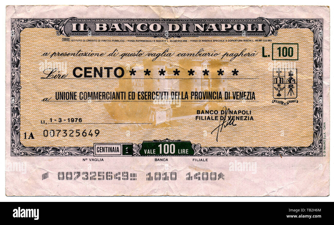 Miniassegni, Italiano bonifico bancario, vaglia postale con un valore basso, il Banco di Napoli, Neapel, Miniassegno, Italienische Bankanweisung, Geldanweisung oder Kleinscheck mit niedrigen Werten, eine arte Notgeld aus Papier, 100 Lire, 1976, Italien, Europa Foto Stock