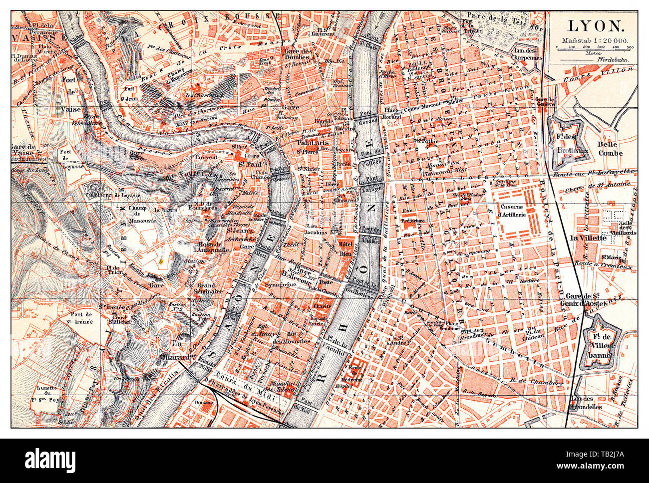 Mappa storica di Lione, Francia, Historische, zeichnerische Darstellung, Stadtplan von Lyon, Frankreich, 19. Jahrhundert aus Meyers Konversations-Lexikon von 1890 Foto Stock