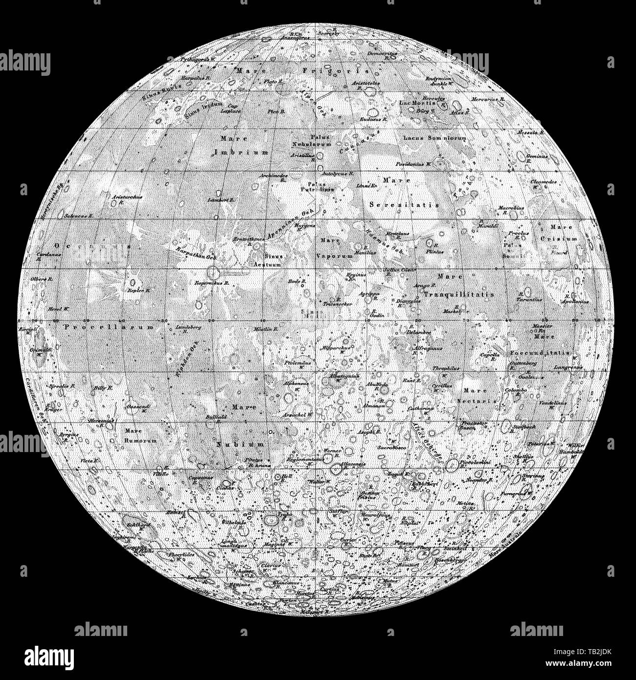 Mappa storica della luna da Wilhelm Wolff birra e Johann Heinrich Maedler, Historische, zeichnerische Darstellung, Landkarte Vom Mond, Mondkarte nach Wilhelm Wolff birra und Johann Heinrich Mädler, 19. Jahrhundert aus Meyers Konversations-Lexikon von 1890 Foto Stock