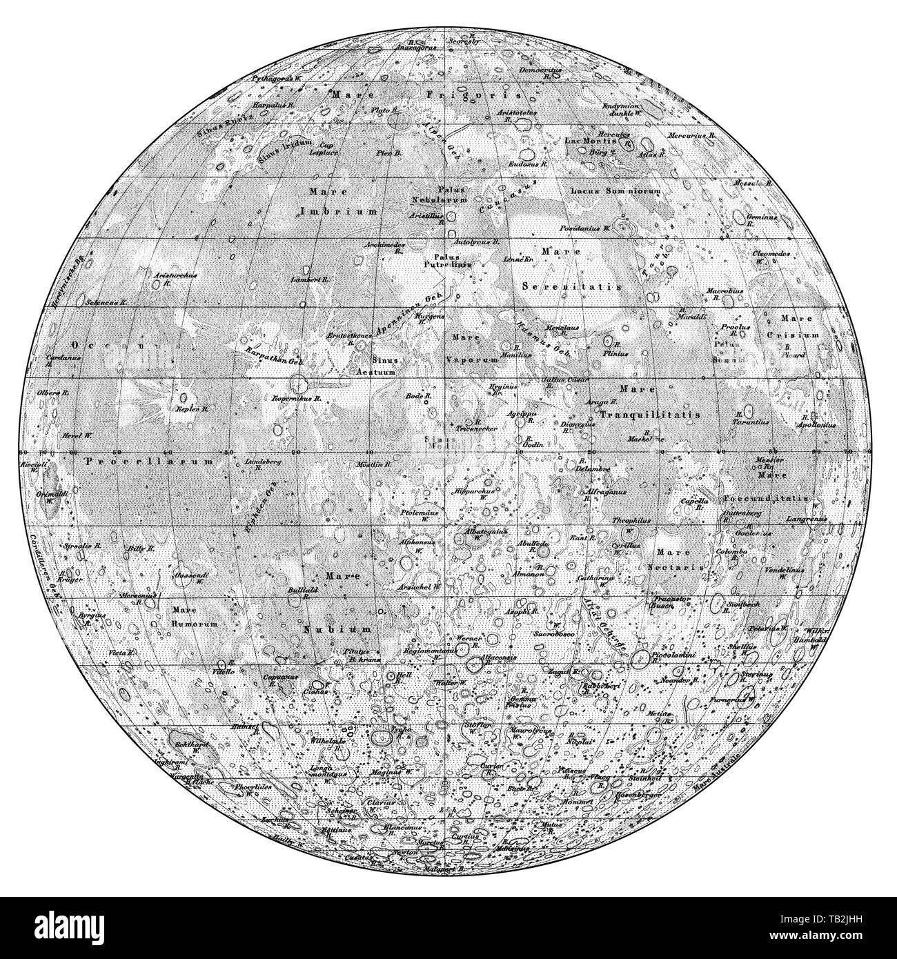 Mappa storica della luna da Wilhelm Wolff birra e Johann Heinrich Maedler, Historische, zeichnerische Darstellung, Landkarte Vom Mond, Mondkarte nach Wilhelm Wolff birra und Johann Heinrich Mädler, 19. Jahrhundert aus Meyers Konversations-Lexikon von 1890 Foto Stock