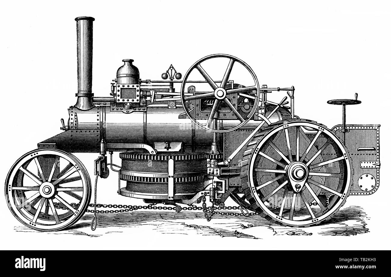 Aratro a vapore, trattore agricolo o motrice alimentato da un motore a vapore, secolo XIX, Historische, zeichnerische Darstellung, Dampfpfug, landwirtschaftliche Lokomotive oder Traktor von einer Dampfmaschine angetrieben, 19. Jahrhundert aus Meyers Konversations-Lexikon von 1890 Foto Stock