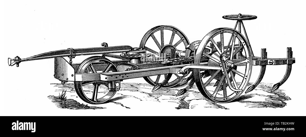 Un coltivatore o vomere di un locomotore agricola o il trattore alimentato da un motore a vapore, trascinato da un aratro a vapore, secolo XIX, Historische, zeichnerische Darstellung, Kultivator oder Pflug von einer landwirtschaftliche Lokomotive oder Traktor mit einer Dampfmaschine angetrieben gezogen, Dampfpfug, 19. Jahrhundert aus Meyers Konversations-Lexikon von 1890 Foto Stock