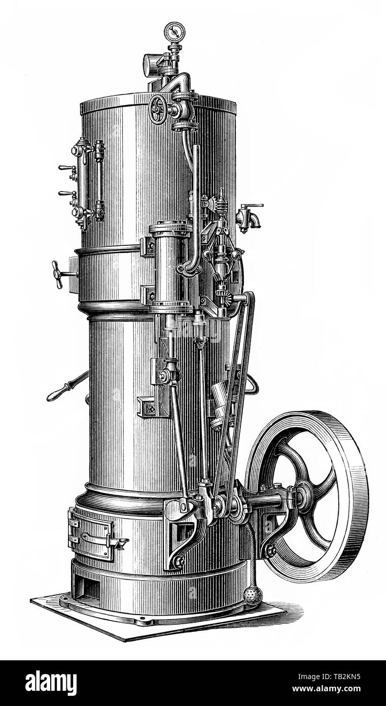 Caldaia verticale motore a vapore, pistone motore termico, il contenuto di energia termica o di pressione contenuto nel vapore viene trasformato in lavoro meccanico, secolo XIX, Historische, zeichnerische Darstellung, Technische Zeichnung, vertikale Kesseldampfmaschine, Dampfmaschine, Kolben-Wärmekraftmaschine, muoiono in Dampf enthaltene Wärmeenergie oder Druckenergie wird in mechanische Arbeit umwandelt, 19. Jahrhundert aus Meyers Konversations-Lexikon von 1890 Foto Stock