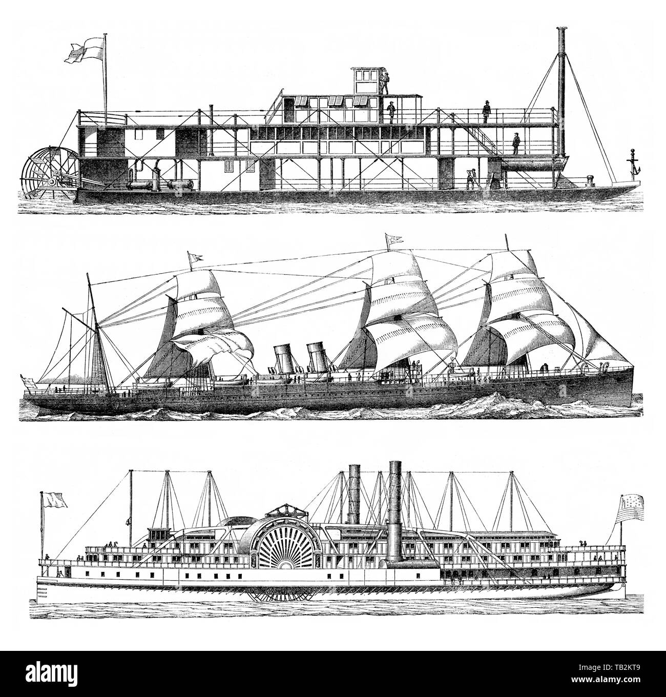 Navi alimentati da motori a vapore, le navi a vapore o vaporizzatori, secolo XIX, Historische, zeichnerische Darstellung, Mit Dampfmaschinen angetriebene Schiffe, Dampfschiffe oder Dampfer, 19. Jahrhundert aus Meyers Konversations-Lexikon von 1890 Foto Stock