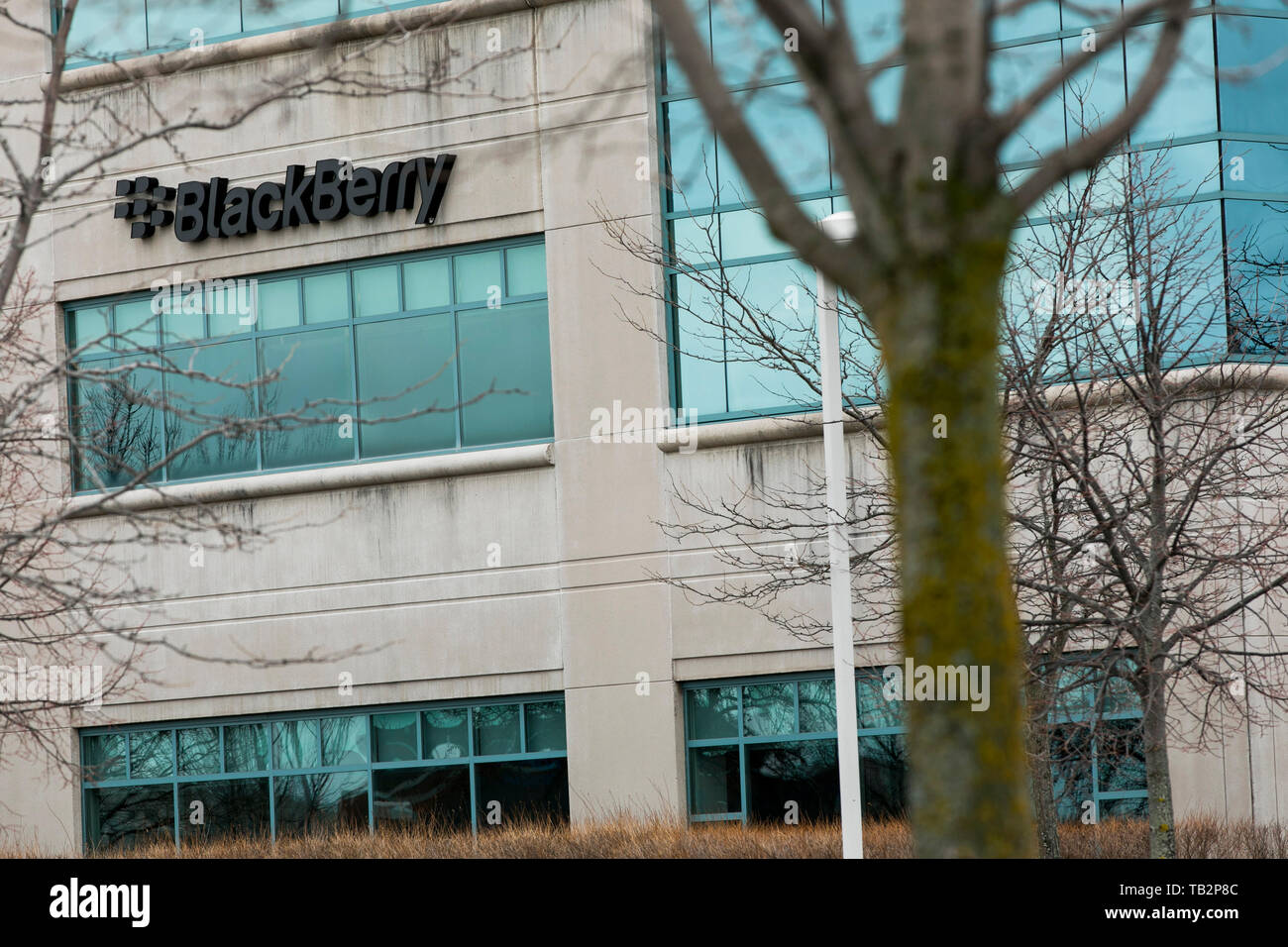 Un segno del logo al di fuori di una struttura occupata da BlackBerry limitata in Ottawa, Ontario, Canada, il 20 aprile 2019. Foto Stock