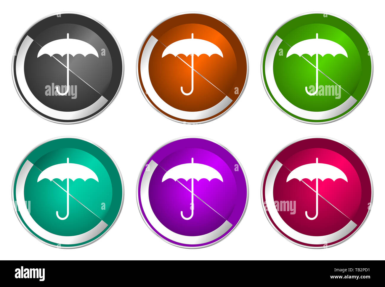 Ombrello icon set color argento metallizzato pulsanti web Foto Stock