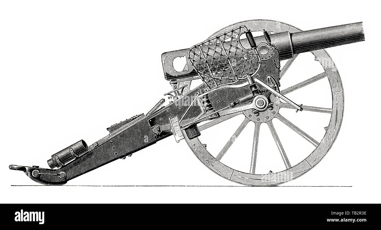 Campo tedesco cannone di artiglieria, secolo XIX, Deutsches Feldgeschütz aus dem 19. Jahrhundert, 1873, aus Meyers Konversations-Lexikon, 1889 Foto Stock