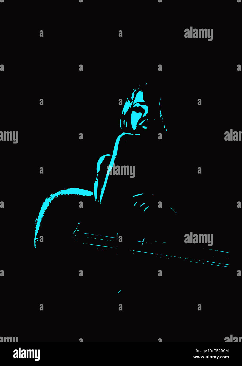 Sfondo blu chitarra ragazza Foto Stock