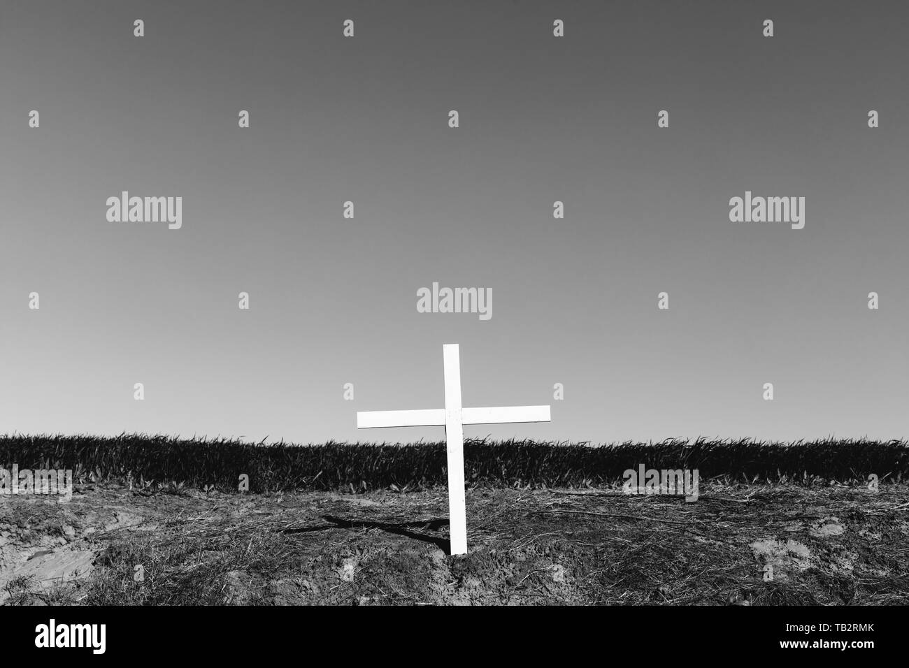 Una croce sul pendio di una collina, un luogo di sepoltura nel paese aperto Foto Stock