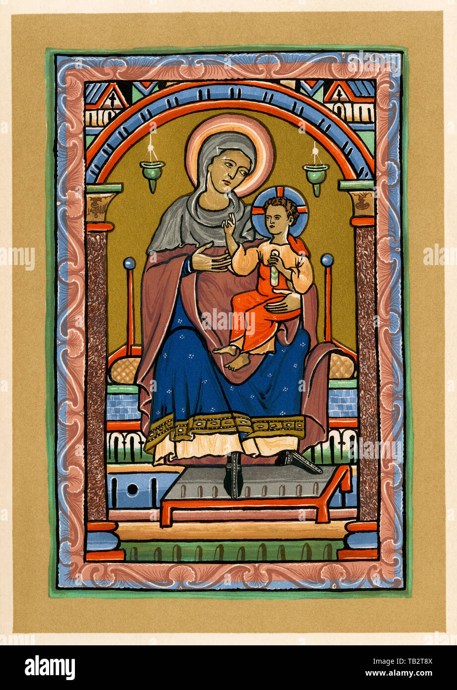 Illustrazione medievale della Vergine e il bambino. Litografia a colori da MS Roy, 2A, XXII, XIII secolo Foto Stock