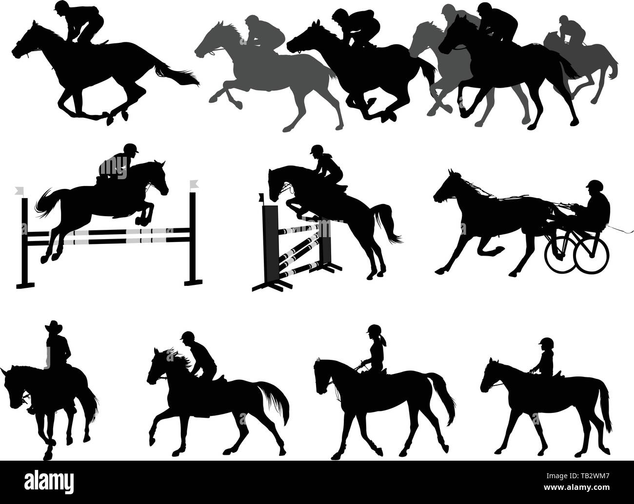 Cavalli da sella sagome set. sport equestri e ricreazione - vettore Illustrazione Vettoriale