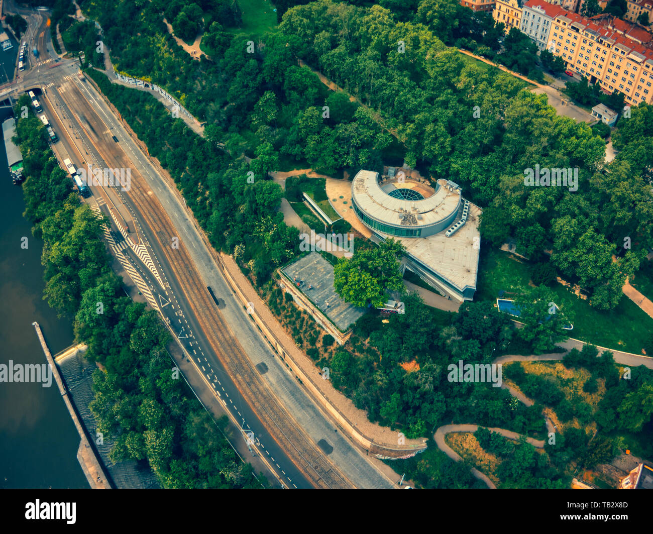 Vista aerea di Havas edificio a Praga expo 58 Foto Stock