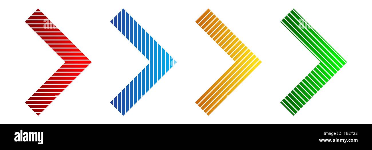 Set di Striping color frecce. Illustrazione Vettoriale. Frecce di astratto isolato. Icona a forma di freccia Illustrazione Vettoriale