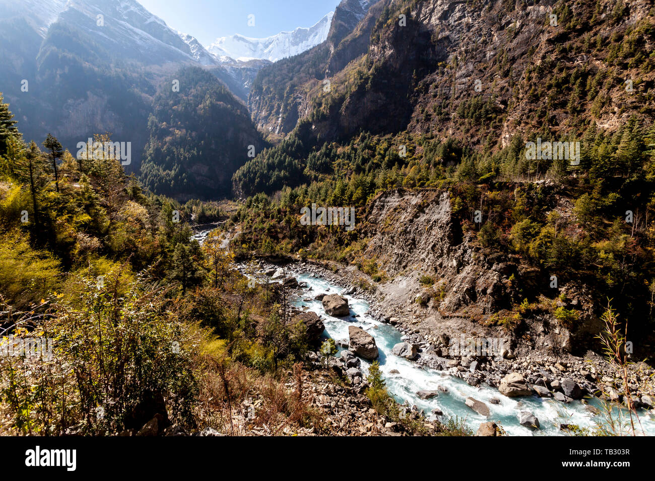 Himalaya, montagna Marsyangdi River Valley, Nepal, Annapurna conservation area Foto Stock