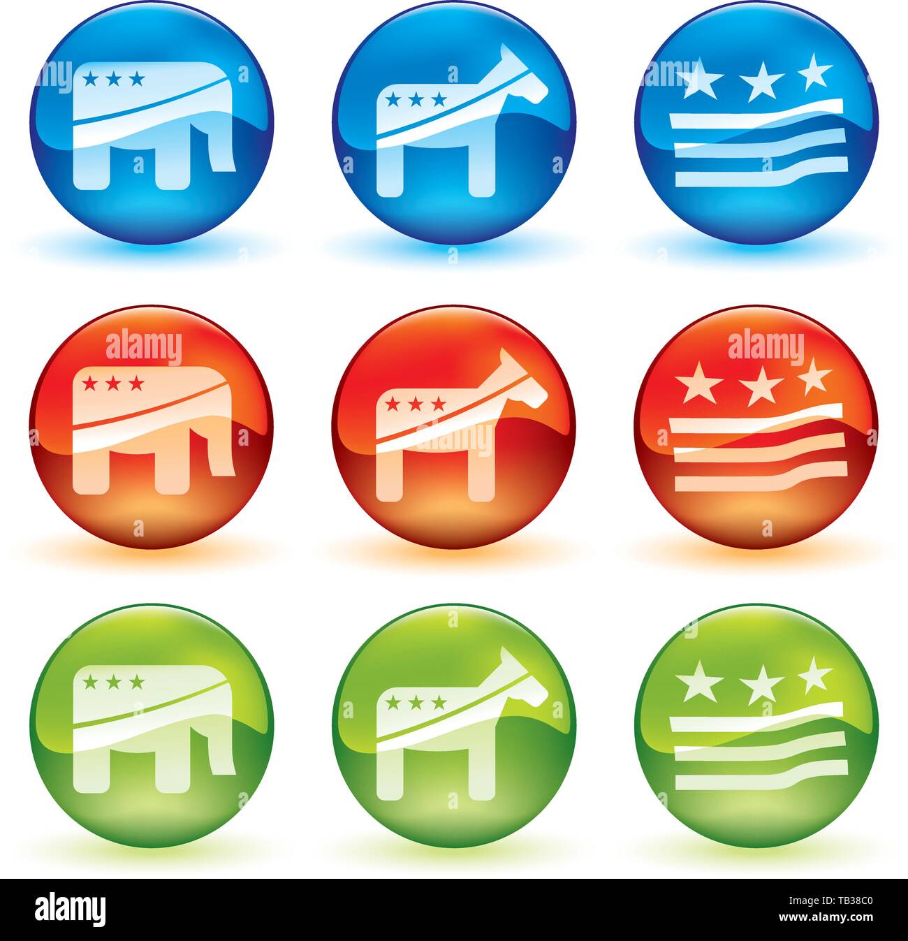 La politica USA le icone più rotondo e lucido pulsanti. Illustrazione Vettoriale