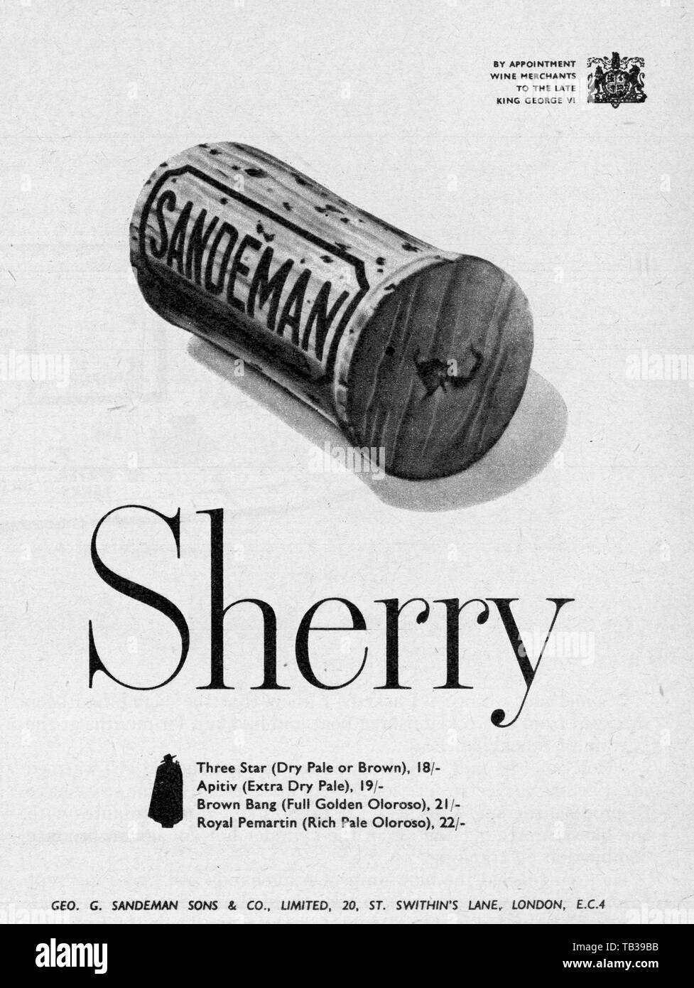 Sherry Sandeman inserzione 4 aprile 1953 Foto di Tony Henshaw Foto Stock