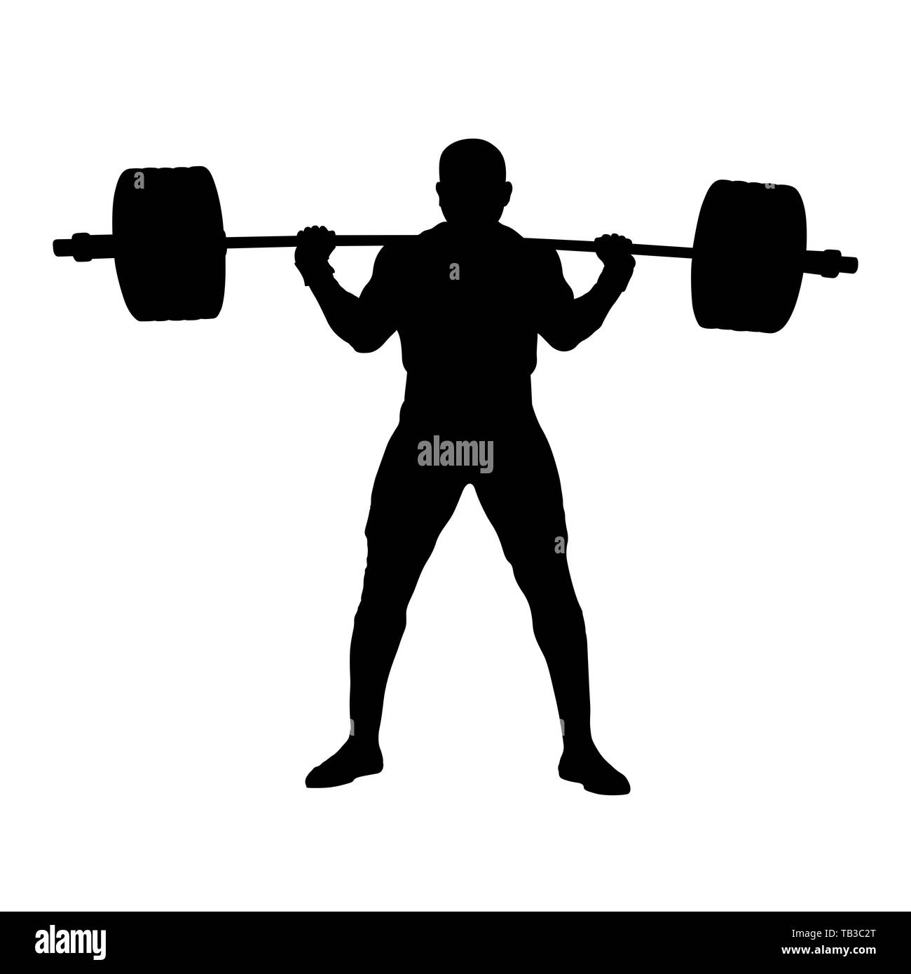 Powerlifter maschio stand con barbell sulle spalle di squat. silhouette nera su sfondo bianco Foto Stock