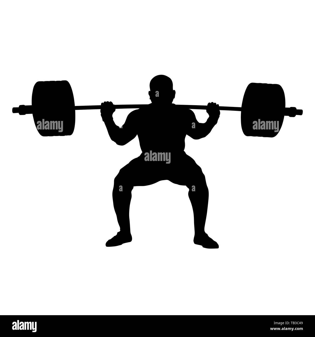 Atleta powerlifter squat con barbell sulle spalle di powerlifting. silhouette nera su sfondo bianco Foto Stock