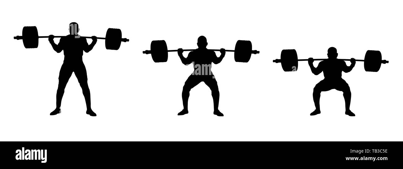 Impostare atleta powerlifter esercizio powerlifting: stand, metà squat, squat. illustrazione vettoriale Foto Stock