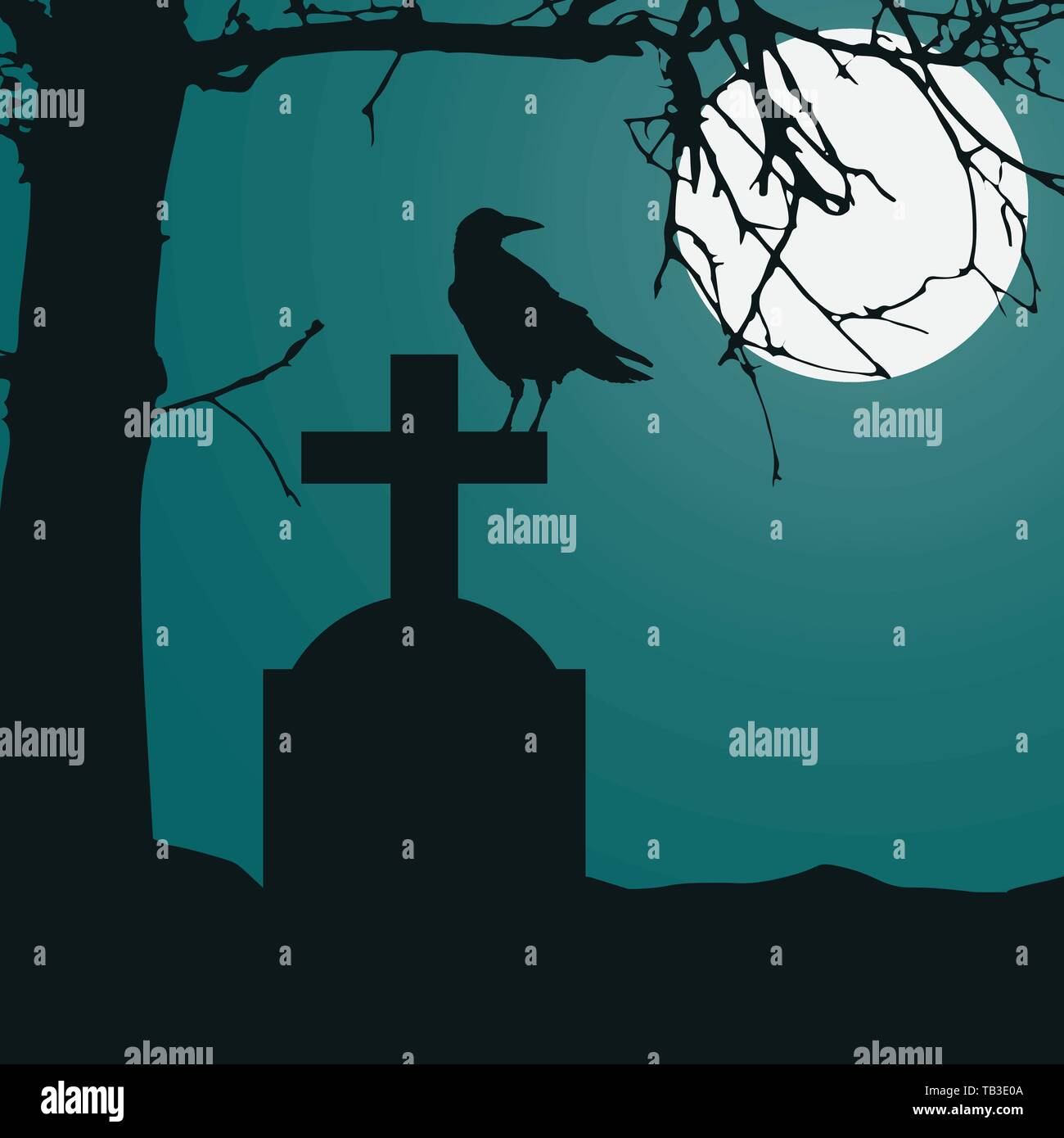 Illustrazione realistica di un oggetto contrassegnato per la rimozione definitiva in un cimitero con una seduta raven e un secco albero morto. Luna piena notte spooky verde sky - vettore Illustrazione Vettoriale