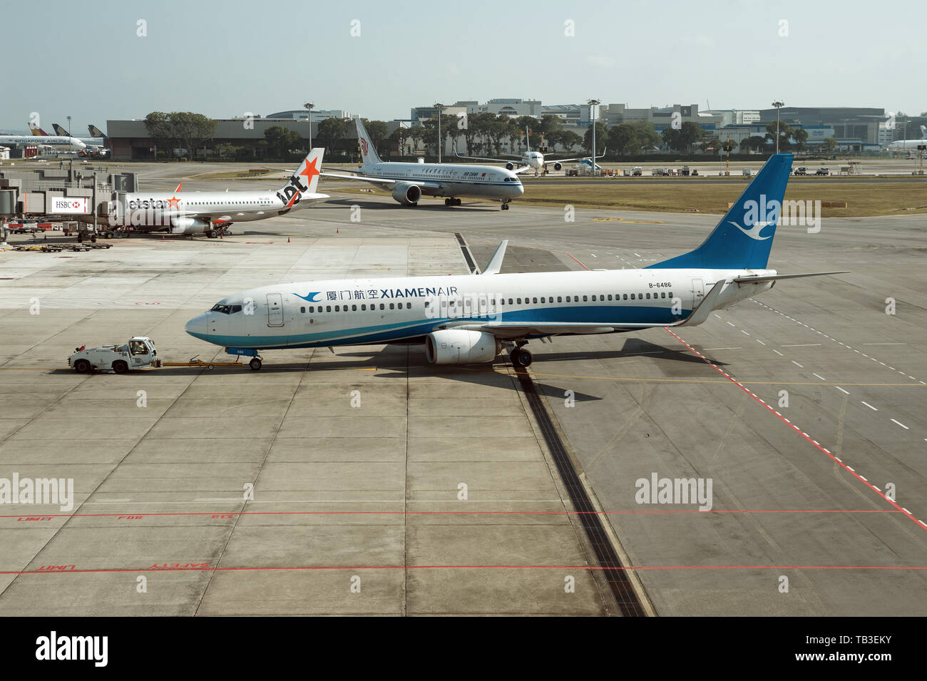 01.03.2019, Singapore , Singapore - Singapore, Repubblica di Singapore, in Asia - un aria di Xiamen Boeing 737-800 passeggeri aerei al Changi Airport. 0SL190 Foto Stock